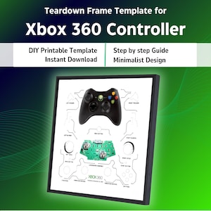 May include: A framed print showcasing a black Xbox 360 controller and its internal parts. The print includes the text "Teardown Frame Template for Xbox 360 Controller" and "DIY Printable Template Instant Download". The background is a gradient of green and blue.