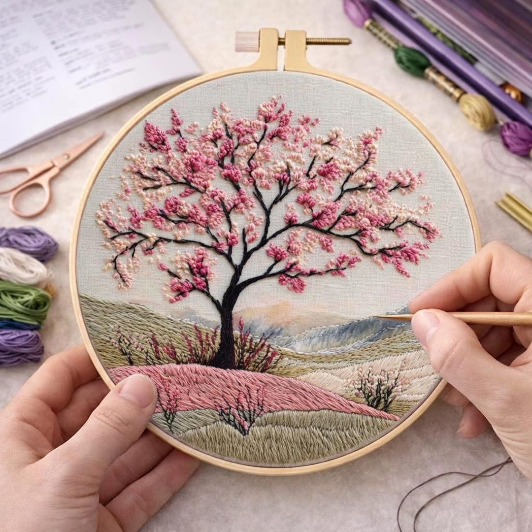 Cherry Blossom Embroidery Kit – Japanese Landscape Design, Beginner DIY ...