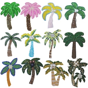 May include: A collection of beaded palm tree embellishments in various colors, including green, pink, yellow, and blue. Each tree features a detailed trunk and beaded fronds, some with pearl accents. These decorative elements are suitable for crafting or embellishing.