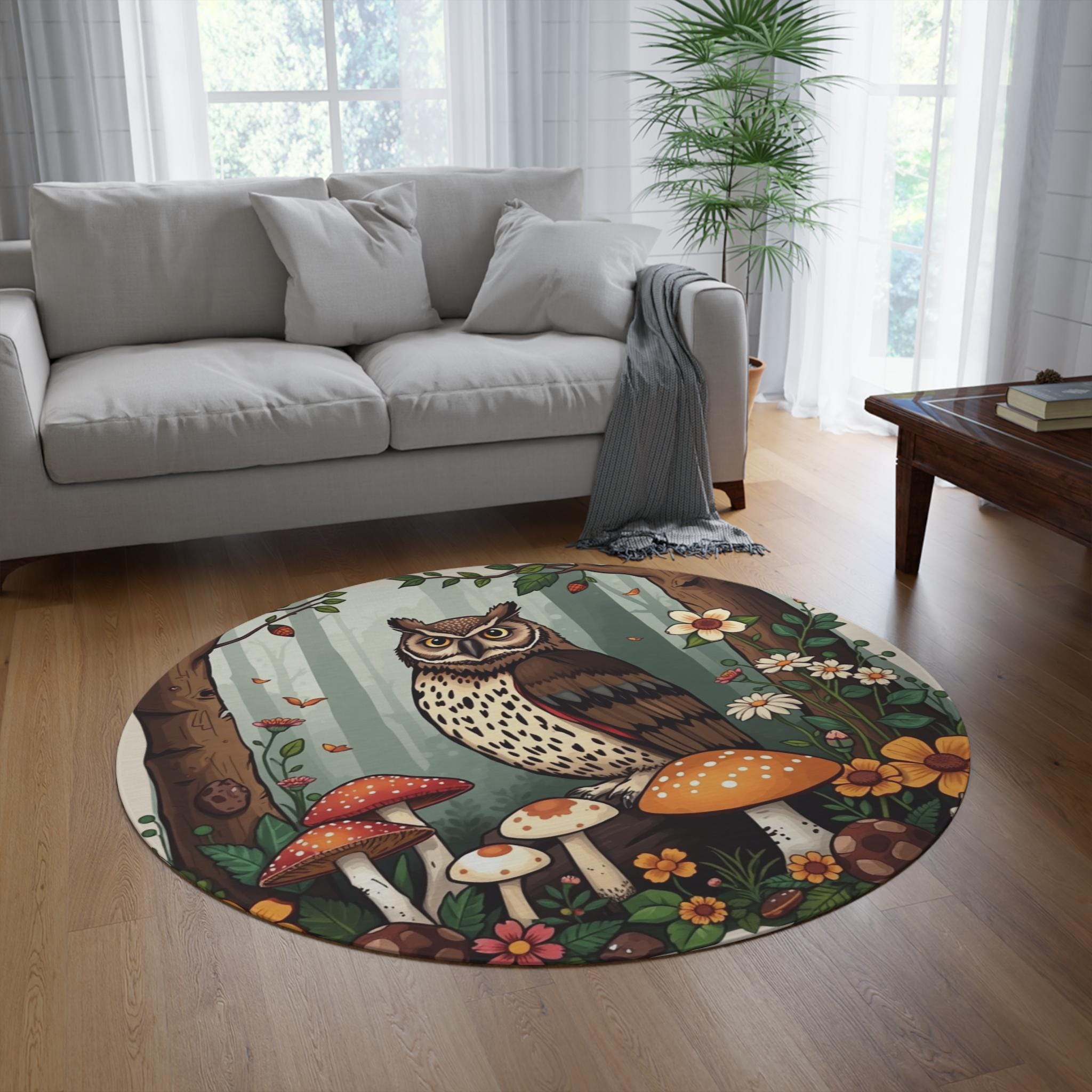 Forest Owl with Mushrooms Round Rug | Woodland Animal Circle Rug