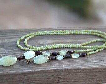 Handmade Long Lariat Necklace with Green Jasper, Garnet and Green Quartz