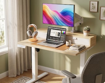 Electric Standing Desk | Light Walnut, Carbon Steel Frame, Dual Drawers , Writing Desk , Antique Table Desk
