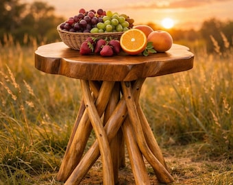 Live Edge Teak End Table | Handmade Wooden Accent Table, Rustic Boho Plant Stand, Round Oval Coffee Table for Living Room Decor