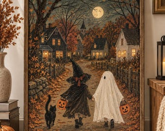 May include: A framed wall art print depicting a Halloween scene with a child dressed as a witch and another as a ghost walking down a path. They carry orange jack-o'-lantern buckets, accompanied by a black cat, under a full moon and autumn trees.