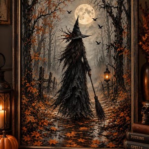 May include: A framed wall art print depicting a witch in a long, tattered black dress and pointed hat walking through an autumn forest at night. The scene features a full moon, flying birds, a glowing lantern, and orange leaves on the ground.