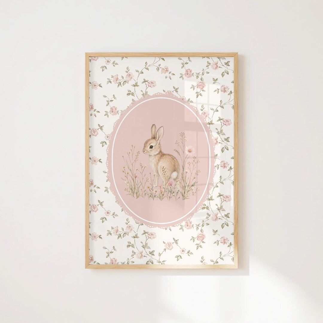 Vintage Floral Bunny Nursery Wall Art, Baby Girl Nursery Decor, Pink ...