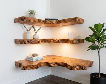 Estantes de esquina de pared, estante de madera maciza con borde natural, estante flotante de madera vintage personalizado, decoración