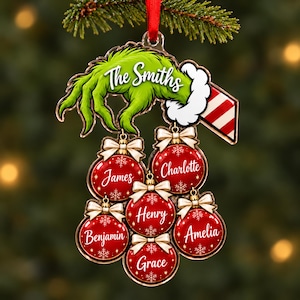 May include: A Christmas ornament featuring a green hand with white fur trim holding six red spherical ornaments. Each red ornament is topped with a white bow and displays a white name: James, Charlotte, Henry, Benjamin, Amelia, and Grace. The text The Smiths is printed in white script above the hand.