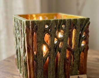 Portavelas de cerámica tallado a mano con forma de árbol o bosque, farol rústico para velas de té con temática de bosque, pieza única de cerámica tallada a mano.