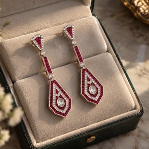 May include: A pair of long drop earrings featuring a geometric design with deep red square-cut rubies and small clear white diamonds set in silver-toned metal. The earrings have a fan-shaped top, a rectangular middle section, and a large pendant base.
