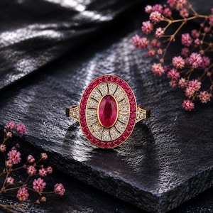 Puede incluir: Un anillo de oro con una piedra preciosa roja central de corte ovalado, rodeada por un halo de pequeños diamantes blancos y un borde exterior de piedras rojas redondas. El anillo tiene un engaste ovalado con detalles metálicos.
