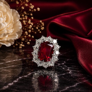May include: A ring featuring a large, rectangular, deep red gemstone at the center, surrounded by a halo of numerous small, round, clear, brilliant-cut white stones set in a polished silver-toned metal band with a reflective finish.