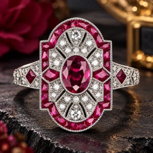 May include: A silver-toned ring featuring a large central oval-cut red gemstone surrounded by a geometric frame of smaller red stones and clear white stones. The metal setting has intricate milgrain detailing along the edges of the design.