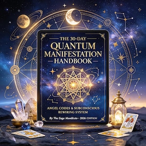 May include: A dark blue rectangular book titled The 30-Day Quantum Manifestation Handbook, Angel Codes & Subconscious Rewiring System by The Sage Manifesto 2026 Edition, featuring a gold geometric star design, surrounded by crystals and tarot cards.
