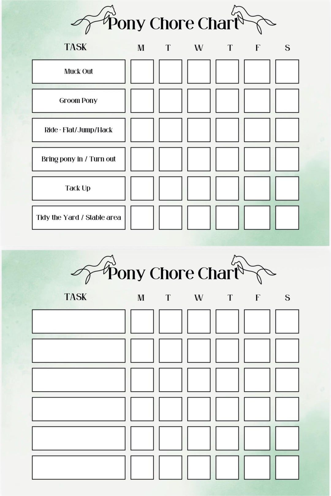 Green Pony Chore Chart for Kids / Horse Care Checklist / Equestrian ...
