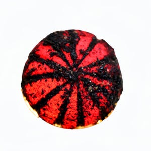 May include: A round, textured object featuring a vibrant red base color with prominent, dark black radial stripes extending from the center to the outer edges. The surface has a granular, uneven appearance with a matte finish throughout.