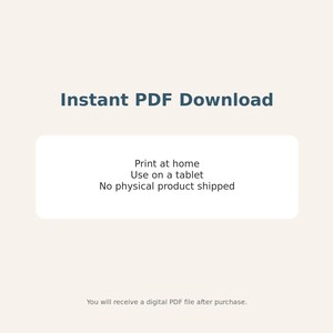 Pode incluir: Fundo creme com o texto "Instant PDF Download" em azul escuro. Um retângulo branco contém o texto "Print at home, Use on a tablet, No physical product shipped."