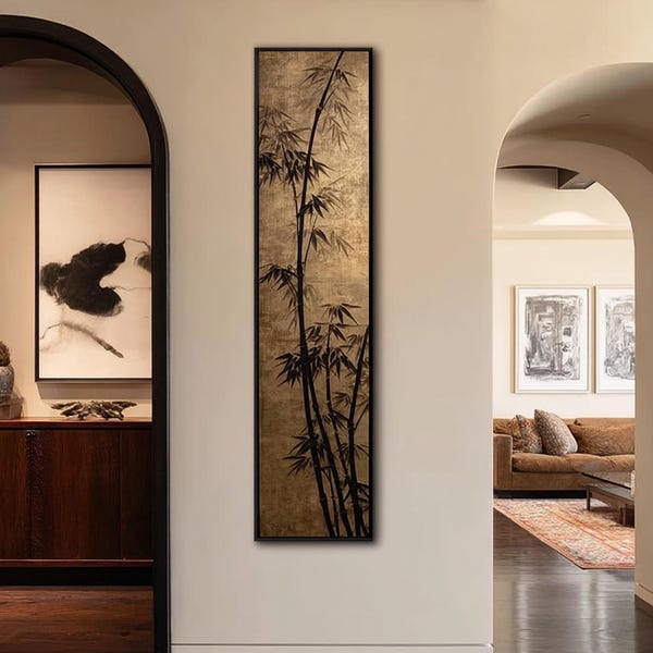 Vintage Gold Bamboo Ink Art Painting, Japanese Wabi Sabi Bamboo Painting, Minimalist Zen Wall Decor for Modern & Asian Homes