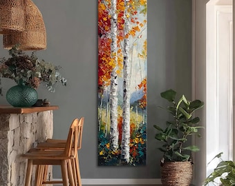 May include: Vertical canvas art featuring a vibrant autumn landscape with three birch trees. The trees have white bark and are adorned with orange and yellow leaves. The artwork has a textured, impressionistic style, with a colorful forest floor.