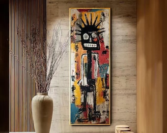 Dipinto ad olio astratto in stile Basquiat, lungo e verticale, arte murale neoespressionista in stile graffiti, tela alta e stretta dai colori vivaci per l'ingresso.
