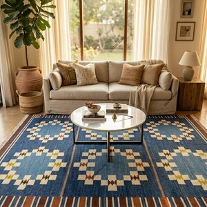 Handmade Blue Geometric Wool Rug - Modern Boho Flatweave Dhurrie for Living Room & Decor