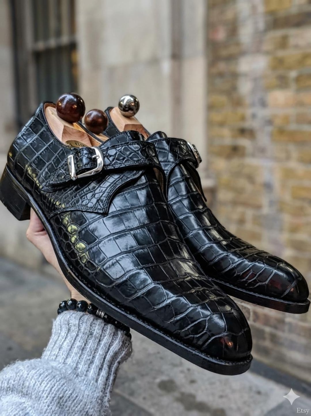 Black Crocodile Embossed Leather Monk Strap Shoes | Handmade Men's ...