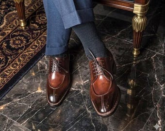 Zapatos Derby marrones hechos a mano con punta dividida, zapatos de vestir de cuero para hombre, zapatos formales para negocios y bodas.