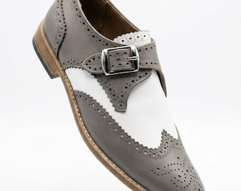 Handmade Men's Two-Tone Grey and White Leather Wingtip Single Monk Strap Brogue Shoes | Bespoke Oxford Dress Shoes for Weddings and formal