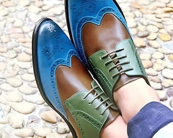 Handmade Men’s Tricolor Leather Wingtip Brogues – Blue, Brown & Green Oxford Dress Shoes – Bespoke Handcrafted Formal Party Wear