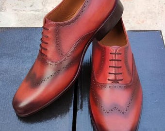 Oxblood Patina Brogue Oxford — Handcrafted Men's Leather Dress Shoes, Bold Burgundy Finish