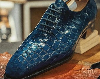 Handmade Blue Crocodile Oxford Shoes, Men's Alligator Embossed Leather Dress Shoes