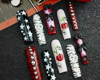 Red Black Zebra Cherry Star Bow Nails | Y2K Grunge Punk Coquette Party Set