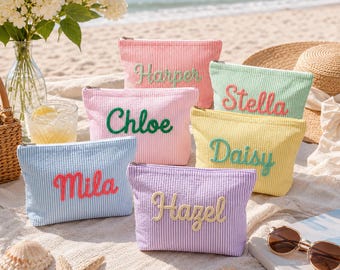 Personalized Seersucker Makeup Bag, Custom Chenille Name Travel Pouch, Toiletry Organizer, Vacation Cosmetic Bag Gift for Her