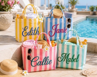 Personalized Striped Tote Bag, Embroidered Name Beach Tote, Bridesmaid Tote Bag, Custom Tote Bag, Bride Tote, Beach Vacation Bag