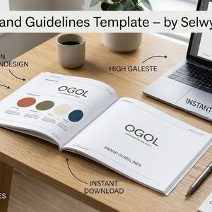 May include: A brand guidelines template titled OGOL by SelwynGoodman, featuring an open booklet with color palettes, a laptop displaying the OGOL logo, and business cards. Text includes Editable in Canva & InDesign, 50+ Usable Pages, and Instant Download.