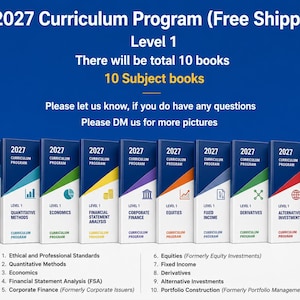 May include: A set of ten 2027 Curriculum Program Level 1 books. The covers are blue with white text and colored geometric accents. The titles include Ethical and Professional Standards, Quantitative Methods, Economics, Financial Statement Analysis, Corporate Finance, Equities, Fixed Income, Derivatives, Alternative Investments, and Portfolio Construction.