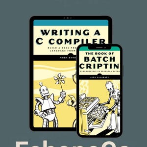 May include: Digital illustration of two e-books: "Writing a C Compiler" and "The Book of Batch Scriptin." The image has a yellow and black color scheme, with robot illustrations. The Etsy shop name "EshopcCo" and "BOOK NOW" are also displayed.
