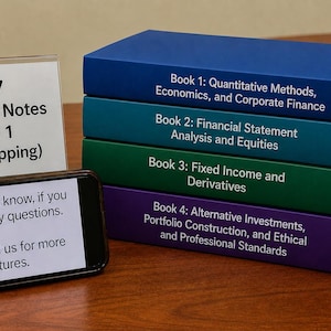 May include: A stack of four 2027 Schweser Notes Level 1 books in blue, teal, green, and purple with white text. A sign reads 2027 Schweser Notes Level 1. A smartphone displays the text: Please let us know, if you do have any questions. Please DM us for more pictures.