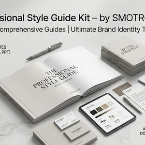 Peut inclure: Le kit de guide de style professionnel par SMOTROW Design comprend un livre ouvert, un ordinateur portable, une tablette, des cartes de visite et des stylos. Le texte indique : The Professional Style Guide, 10+ Comprehensive Guides, Ultimate Brand Identity Toolkit.
