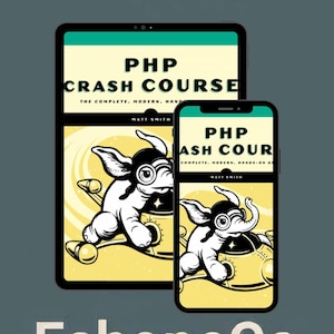 Op de afbeelding: Een digitale advertentie voor een PHP Crash Course-boek, weergegeven op een tablet en een smartphone. De boekomslag toont een cartoon-olifant in een ruimteschip. De Etsy shopnaam, "EshoppcCo", en een "Book Now" call-to-action zijn ook zichtbaar.