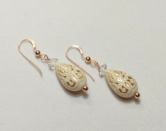 Renaissance Medieval Drop Earrings - Herkimer Diamond Quartz, carved creamy resin teardrop, Golden Inlay, Gold Filled - Navenadia