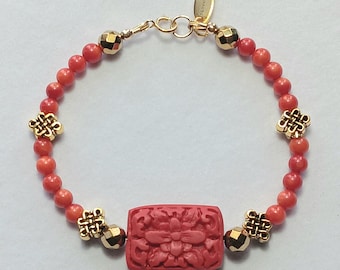 Silk Road Bracelet - Red Cinnabar, Red Coral, Gold Pyrite, Gold Filled - Navenadia