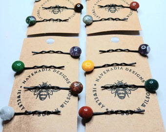 Petite Adornments by Navenadia - Assorted gemstone Bobby Pins - genuine cabachon hair pins, one set of 4 pins per card - Navenadia