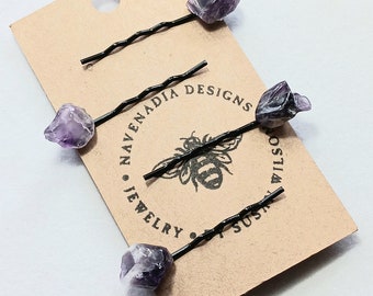 Petite Adornments by Navenadia - Raw Ameythst Bobby Pins - genuine polished raw amethyst hair pins - one set of 4 hair pins per card.