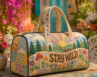 Stay Wild Hippie Camper Quilted Duffel Bag, Retro Floral Travel Bag, Camping Weekender , Hippie Style Weekender Bag
