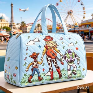 Toy Story 5 Family Travel Duffel Bag, Toy Story 5, Cute Baby Reveal, Cowgirl Woody Buzz Friend Bag, Cartoon Adventure, Family Vacation Gift image 2