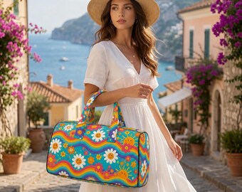 Daisy Bus Quilted Duffel Bag, Daisy Flower Travel Bag, Floral Daisy Travel Bag, Cute Camping Overnight Bag, Retro Daisy Weekender