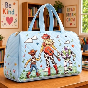 Toy Story 5 Family Travel Duffel Bag, Toy Story 5, Cute Baby Reveal, Cowgirl Woody Buzz Friend Bag, Cartoon Adventure, Family Vacation Gift image 1