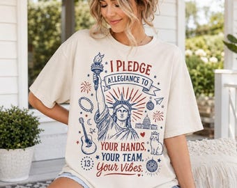 Camiseta "Promete lealtad a tus manos, a tu equipo, a tus vibras, colores cómodos", camiseta gráfica para amantes de la música patriótica del 4 de julio.