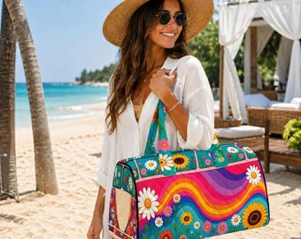 Custom Logo Weekender Bag, Quilted Camper Duffle Bag, Retro Daisy Weekender Tote, 70s Peace Sign Gym Bag, Floral Hippie Travel Bag
